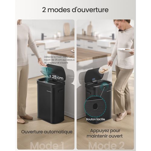 Poubelle De Cuisine Automatique 50 L, Avec Capteur De Mouvement, Fermeture Douce, Acier, Noir