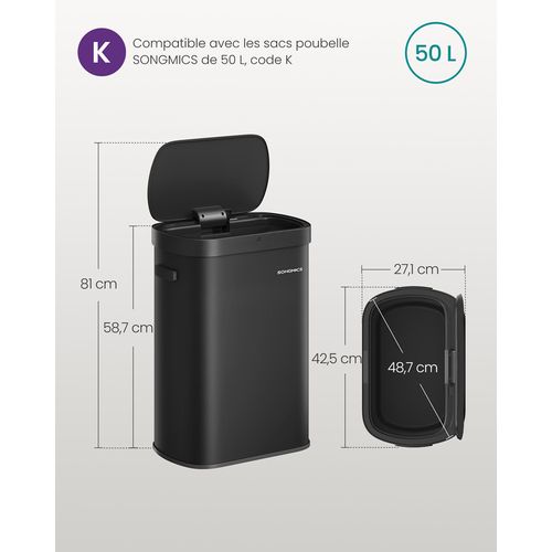 Poubelle De Cuisine Automatique 50 L, Avec Capteur De Mouvement, Fermeture Douce, Acier, Noir