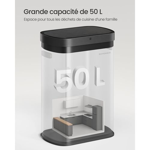 Poubelle De Cuisine Automatique 50 L, Avec Capteur De Mouvement, Fermeture Douce, Acier, Noir