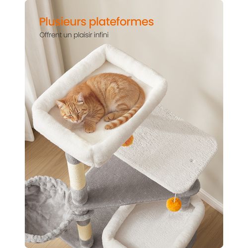 Arbre à Chat 152 Cm De Haut, Avec 2 Grandes Niches, 1 Hamac, 3 Poteaux à Griffer, Gris Tourterelle