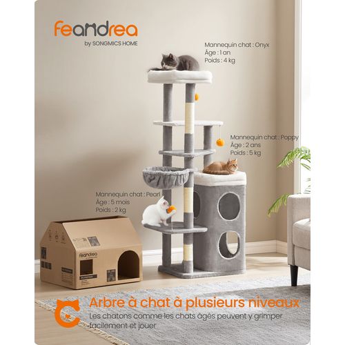 Arbre à Chat 152 Cm De Haut, Avec 2 Grandes Niches, 1 Hamac, 3 Poteaux à Griffer, Gris Tourterelle