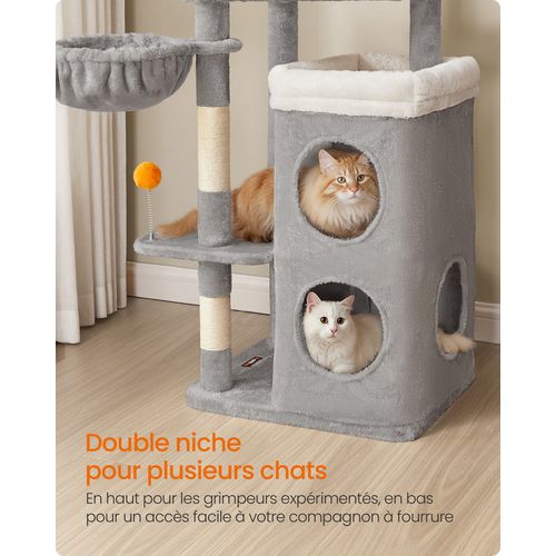 Arbre à Chat 152 Cm De Haut, Avec 2 Grandes Niches, 1 Hamac, 3 Poteaux à Griffer, Gris Tourterelle