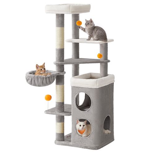 Arbre à Chat 152 Cm De Haut, Avec 2 Grandes Niches, 1 Hamac, 3 Poteaux à Griffer, Gris Tourterelle