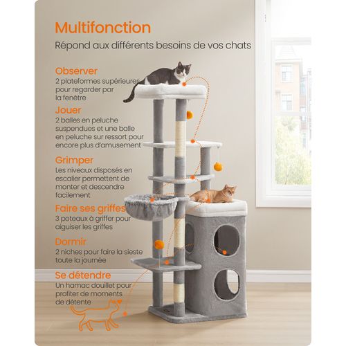 Arbre à Chat 152 Cm De Haut, Avec 2 Grandes Niches, 1 Hamac, 3 Poteaux à Griffer, Gris Tourterelle