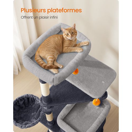 Arbre à Chat 152 Cm De Haut, Avec 2 Grandes Niches, 1 Hamac, 3 Poteaux à Griffer, Gris Foncé