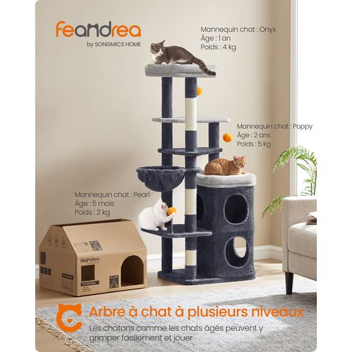 Arbre à Chat 152 Cm De Haut, Avec 2 Grandes Niches, 1 Hamac, 3 Poteaux à Griffer, Gris Foncé