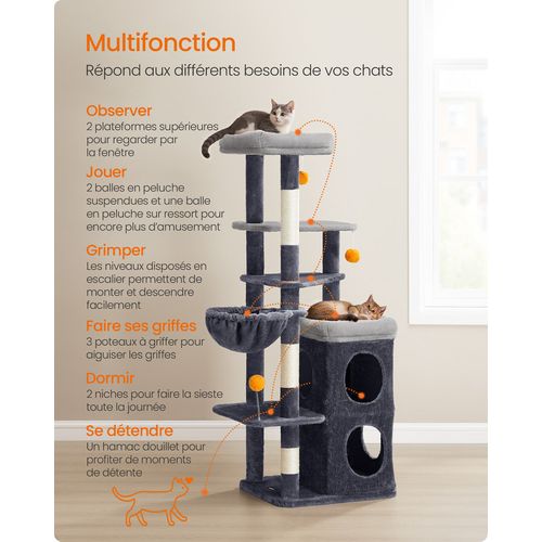 Arbre à Chat 152 Cm De Haut, Avec 2 Grandes Niches, 1 Hamac, 3 Poteaux à Griffer, Gris Foncé
