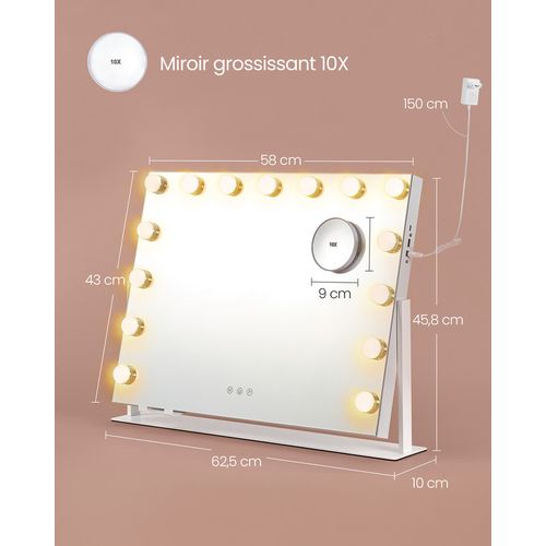 Miroir De Maquillage Avec Lumières, Contrôle Tactile, 15 Ampoules LED, Ports De Charge