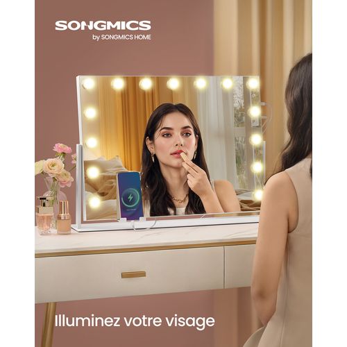 Miroir De Maquillage Avec Lumières, Contrôle Tactile, 15 Ampoules LED, Ports De Charge