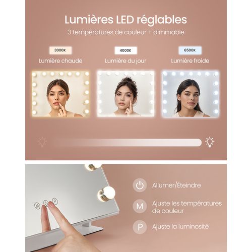 Miroir De Maquillage Avec Lumières, Contrôle Tactile, 15 Ampoules LED, Ports De Charge