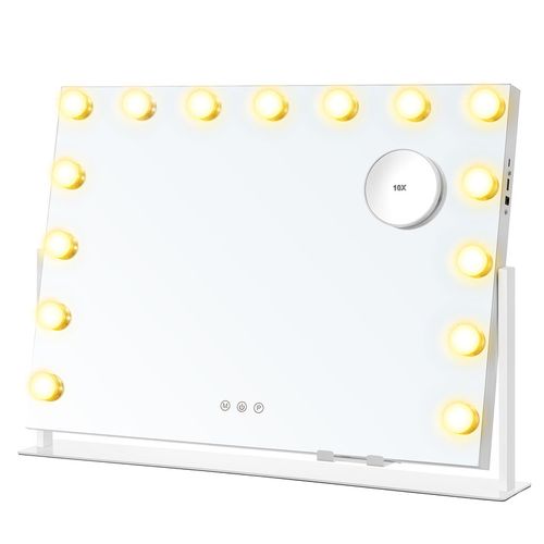 Miroir De Maquillage Avec Lumières, Contrôle Tactile, 15 Ampoules LED, Ports De Charge