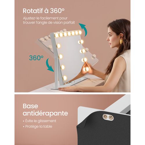 Miroir De Maquillage Avec Lumières, Contrôle Tactile, 15 Ampoules LED, Ports De Charge
