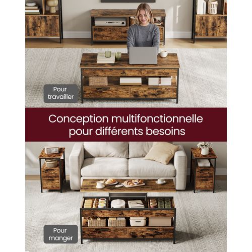 Table Basse, Table De Salon Avec Plateau Relevable, Marron Rustique Et Noir D’encre