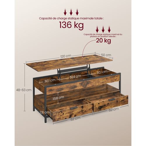 Table Basse, Table De Salon Avec Plateau Relevable, Marron Rustique Et Noir D’encre