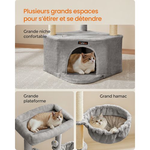 Arbre à Chat, 48,5 X 48,5 X 140,7 Cm, Avec Niche, Grandes Plateformes, Balles En Peluche, Gris