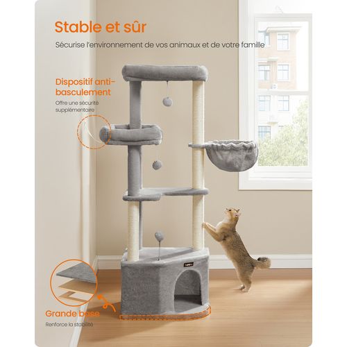 Arbre à Chat, 48,5 X 48,5 X 140,7 Cm, Avec Niche, Grandes Plateformes, Balles En Peluche, Gris