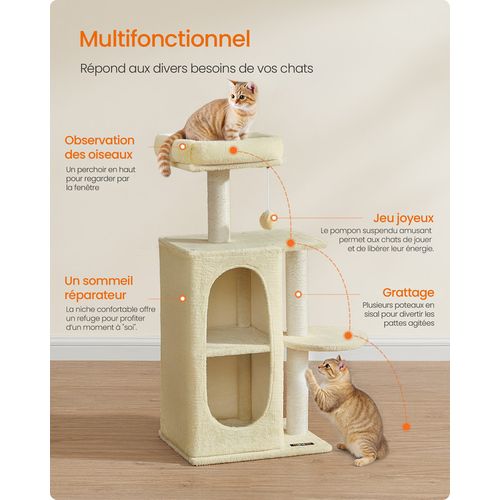 Arbre à Chat Avec 2 Grottes, Poteaux à Griffer, Pour Les Foyers Multi-chats, Beige Sable