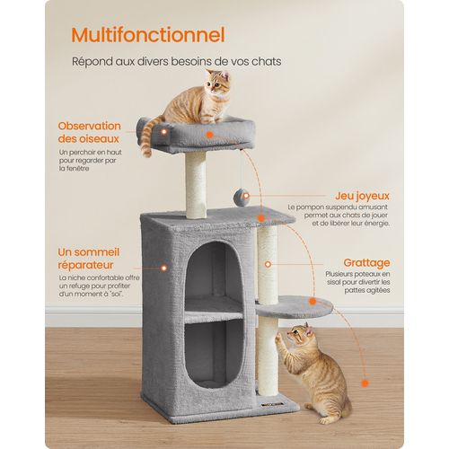 Arbre à Chat Avec 2 Grottes, Poteaux à Griffer, Pour Les Foyers Multi-chats, Gris Clair
