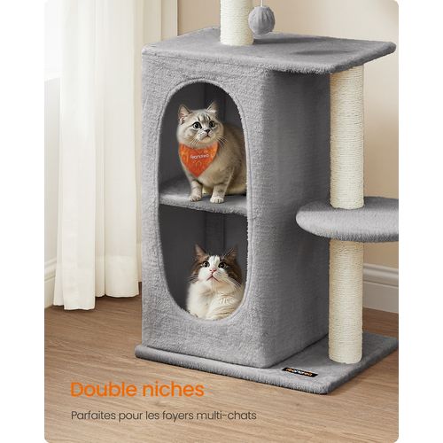 Arbre à Chat Avec 2 Grottes, Poteaux à Griffer, Pour Les Foyers Multi-chats, Gris Clair