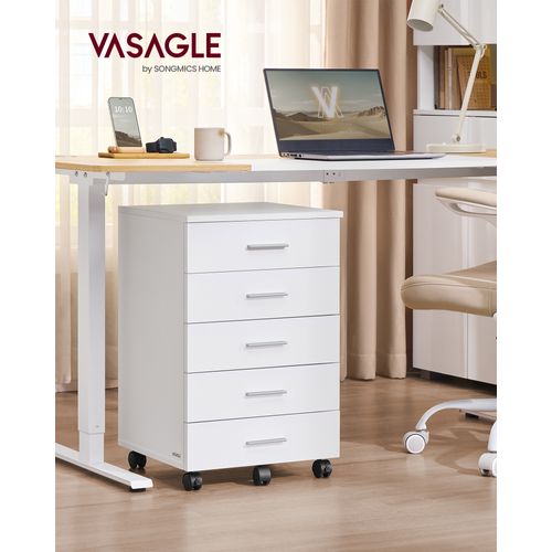 Caisson De Bureau à Roulettes,  Avec 5 Tiroirs, Rails Coulissants,  Blanc Nuage