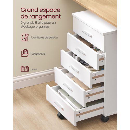 Caisson De Bureau à Roulettes,  Avec 5 Tiroirs, Rails Coulissants,  Blanc Nuage