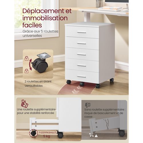 Caisson De Bureau à Roulettes,  Avec 5 Tiroirs, Rails Coulissants,  Blanc Nuage