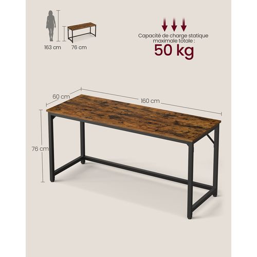 Bureau D'ordinateur, Table, 160 X 60 X 76 Cm, Pour Bureau, Chambre, Salon, Cadre En Métal
