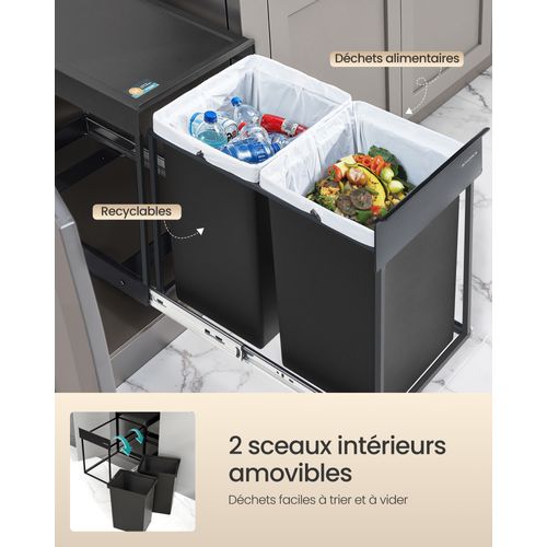 Poubelle De Tri Sélectif, Poubelle De Cuisine Extractible Coulissante, 2 Seaux De 20 L, Noir D'encre