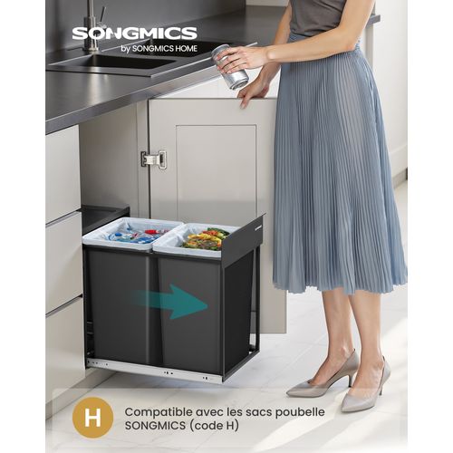 Poubelle De Tri Sélectif, Poubelle De Cuisine Extractible Coulissante, 2 Seaux De 20 L, Noir D'encre