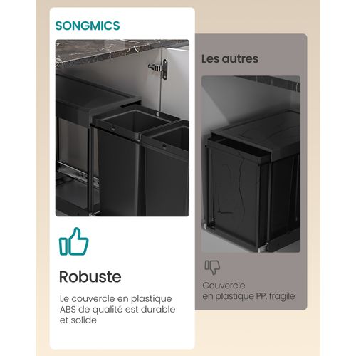 Poubelle De Tri Sélectif, Poubelle De Cuisine Extractible Coulissante, 2 Seaux De 20 L, Noir D'encre