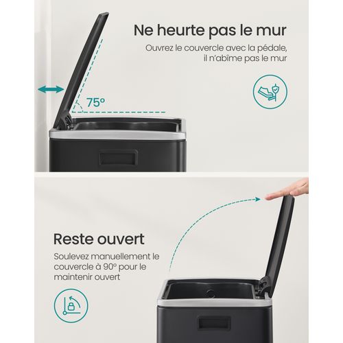 Poubelle De Cuisine 50 L, Avec 15 Sacs Poubelle, Seau Intérieur Amovible,  Noir D'encre