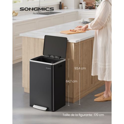 Poubelle De Cuisine 50 L, Avec 15 Sacs Poubelle, Seau Intérieur Amovible,  Noir D'encre