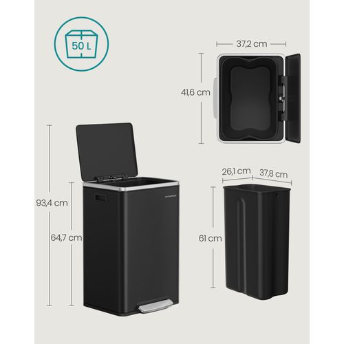 Poubelle De Cuisine 50 L, Avec 15 Sacs Poubelle, Seau Intérieur Amovible,  Noir D'encre