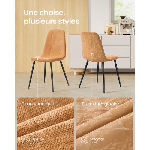 Chaises De Salle à Manger, Lot De 4, Tissu Chenille, Pu Texturé Glacé, Marron Caramel