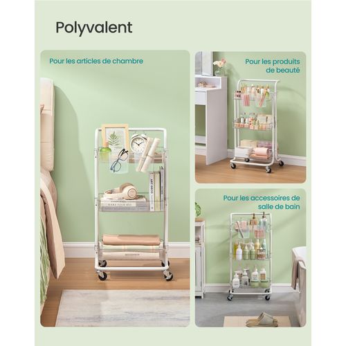 Chariot Mobile à 3 Niveaux, Poignée, 2 Pots, 2 Freins, Paniers En Plastique, Blanc Et Transparent