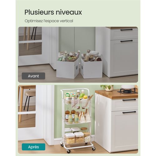 Chariot Mobile à 3 Niveaux, Poignée, 2 Pots, 2 Freins, Paniers En Plastique, Blanc Et Transparent