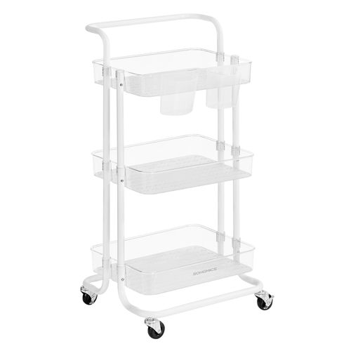 Chariot Mobile à 3 Niveaux, Poignée, 2 Pots, 2 Freins, Paniers En Plastique, Blanc Et Transparent