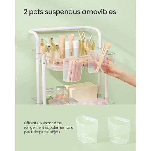 Chariot Mobile à 3 Niveaux, Poignée, 2 Pots, 2 Freins, Paniers En Plastique, Blanc Et Transparent