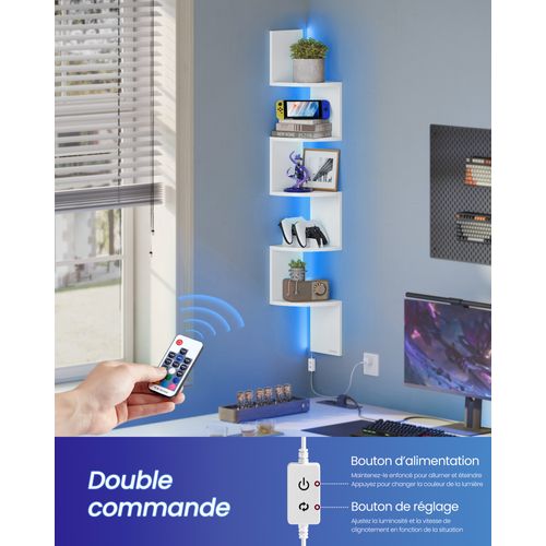 Étagère D’angle Murale Avec Éclairage LED, 5 Niveaux, Étagère Flottante, Avec Bouton, Blanc Mat
