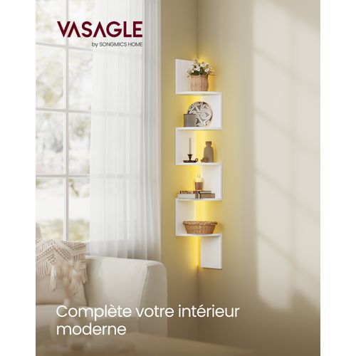 Étagère D’angle Murale Avec Éclairage LED, 5 Niveaux, Étagère Flottante, Avec Bouton, Blanc Mat