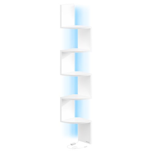 Étagère D’angle Murale Avec Éclairage LED, 5 Niveaux, Étagère Flottante, Avec Bouton, Blanc Mat