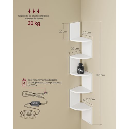 Étagère D’angle Murale Avec Éclairage LED, 5 Niveaux, Étagère Flottante, Avec Bouton, Blanc Mat