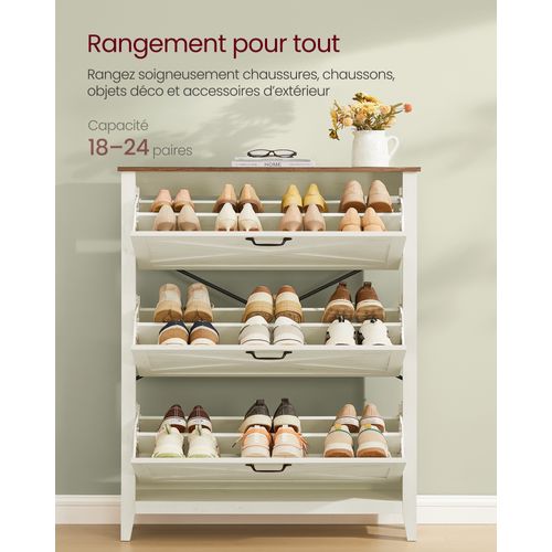 Meuble à Chaussures à 3 Abattants, Étroit, Capacité De 18 à 24 Paires, Blanc Rustique
