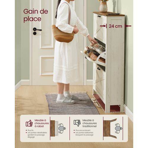 Meuble à Chaussures à 3 Abattants, Étroit, Capacité De 18 à 24 Paires, Blanc Rustique