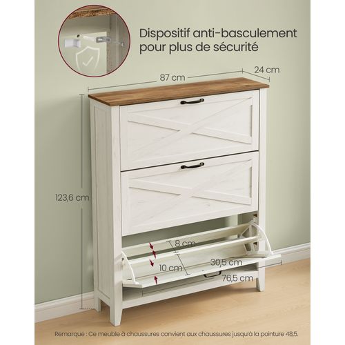 Meuble à Chaussures à 3 Abattants, Étroit, Capacité De 18 à 24 Paires, Blanc Rustique