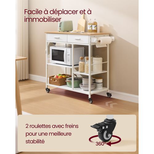 Cuisine Mobile, 45 X 98,7 X 90 Cm, 2 Tiroirs, 2 Crochets, Beige Chêne Et Blanc Mat