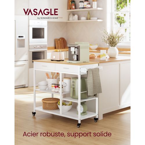 Cuisine Mobile, 45 X 98,7 X 90 Cm, 2 Tiroirs, 2 Crochets, Beige Chêne Et Blanc Mat