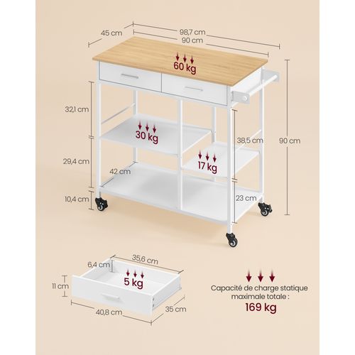 Cuisine Mobile, 45 X 98,7 X 90 Cm, 2 Tiroirs, 2 Crochets, Beige Chêne Et Blanc Mat