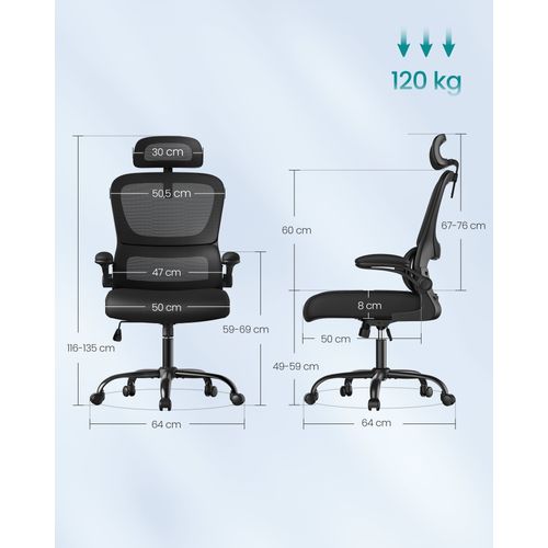 Fauteuil De Bureau, Accoudoirs Rabattables, Soutien Lombaire Et Appui-tête Réglables, Noir