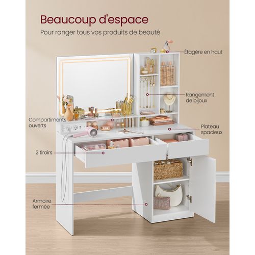 Coiffeuse Avec Tabouret, Avec Miroir Et Lumière, Prise De Courant, Largeur De 110 Cm, Blanc Et Rose